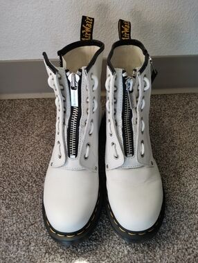 Dr. Martens White Leather Front-Zip Lace-Up Ankle Boots